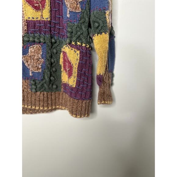Vintage 90s Express Tricot Hand Knitted Sweater Medium Leaves Patchwork Boho - Picture 3 of 9